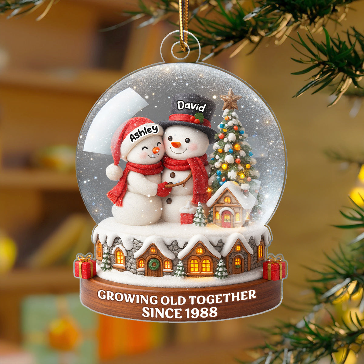 Snow Globe Snowman Couple Growing Old Together Personalized Acrylic Ornament, 3D Effect, Christmas Gift for him, Gift for her