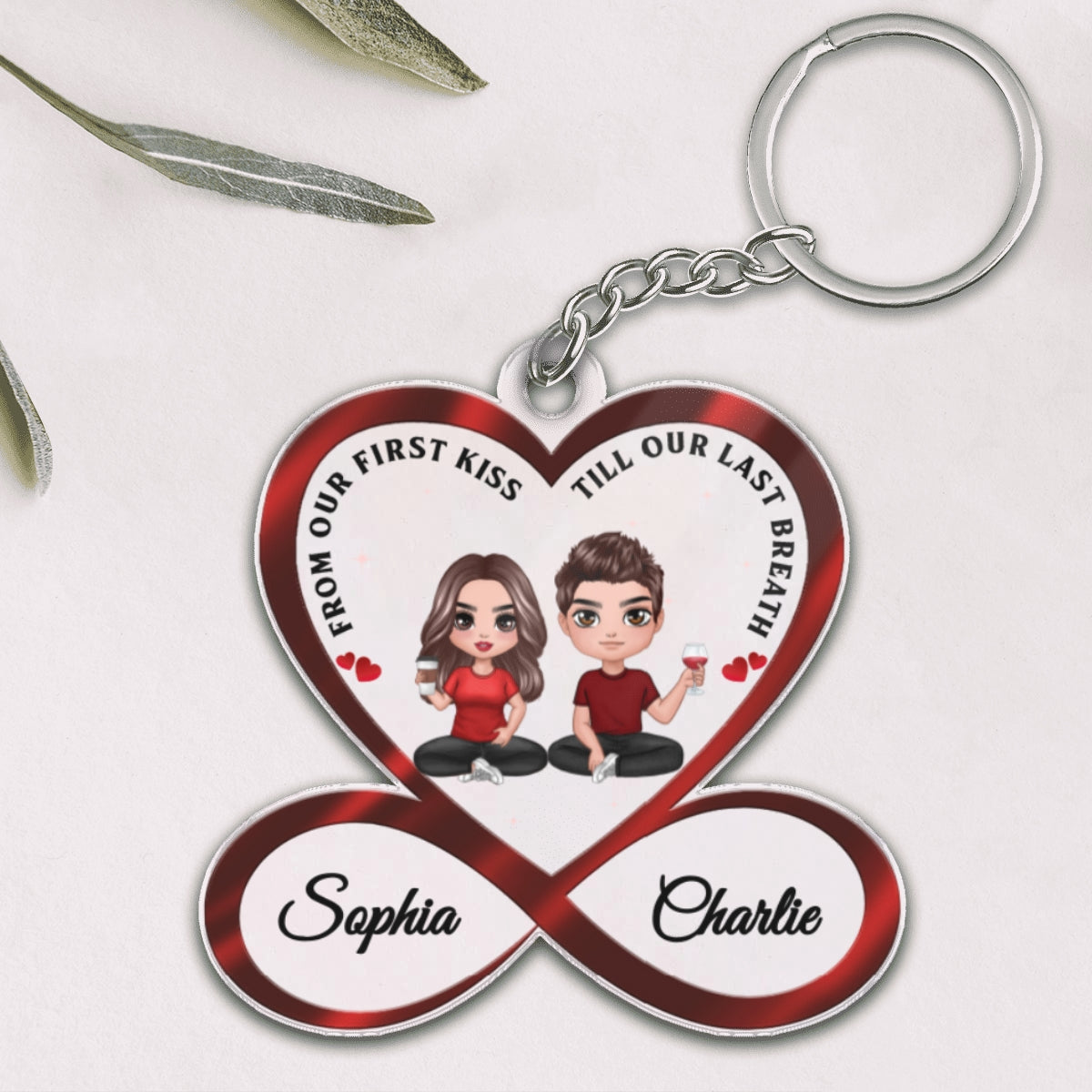 Infinity Heart Doll Couple Sitting Anniversary Gift For Him Gift For Her Personalized Acrylic Keychain