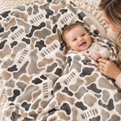 Wildlife Camo Print Custom Baby Name - Personalized Fleece Blanket - Nursery Hunting Theme For Baby Boy