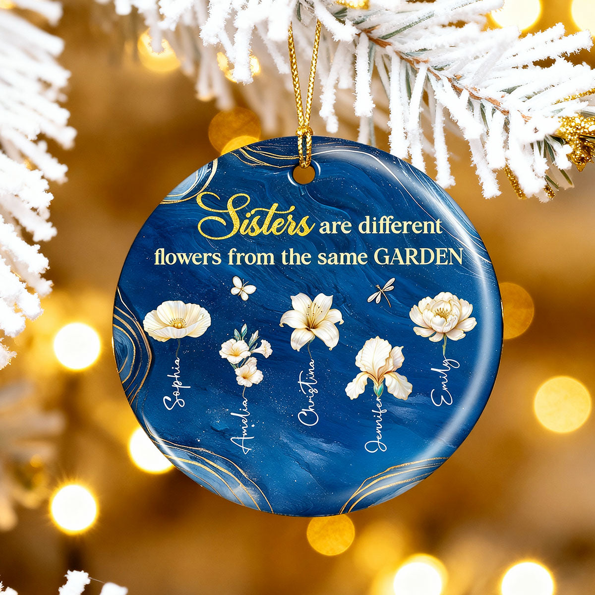3D Effect Birth Flowers Sisters From The Same Garden - Personalized Ceramic Ornament - Christmas Gift For Sisters