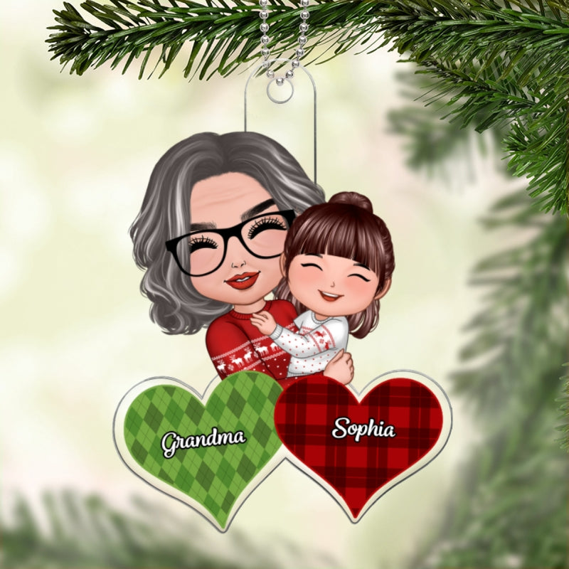 Christmas Doll Grandma Hugging Kid Checkered Pattern Hearts Gift For Granddaughter Grandson Personalized Acrylic Ornament