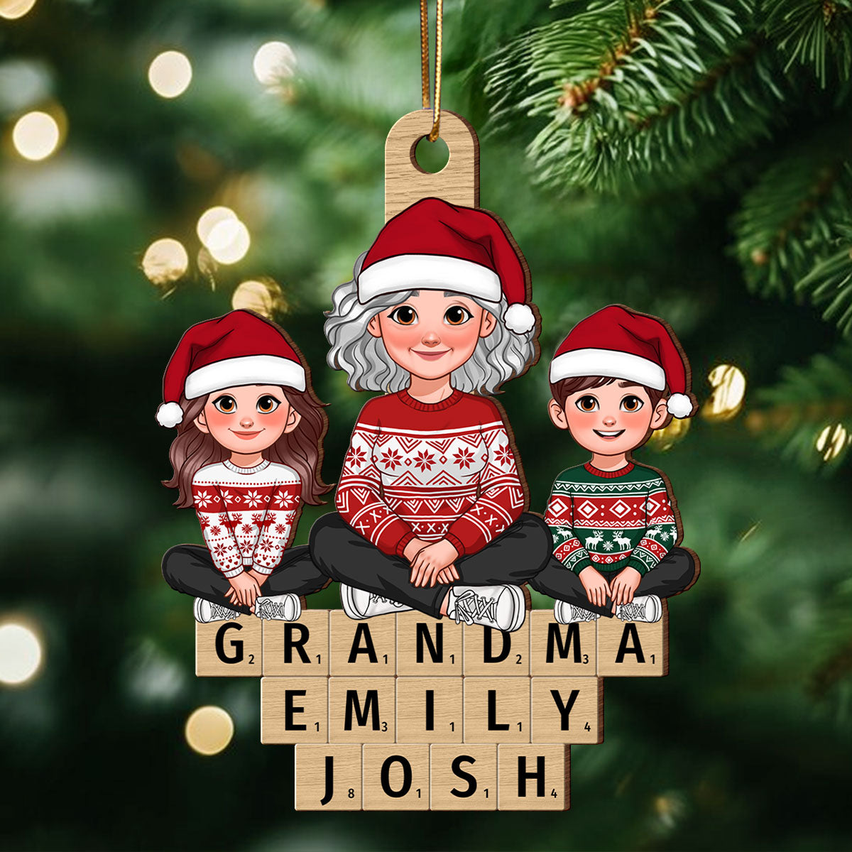 Animated Grandma Grandkids Sitting On Wooden Blocks Personalized Wooden Ornament