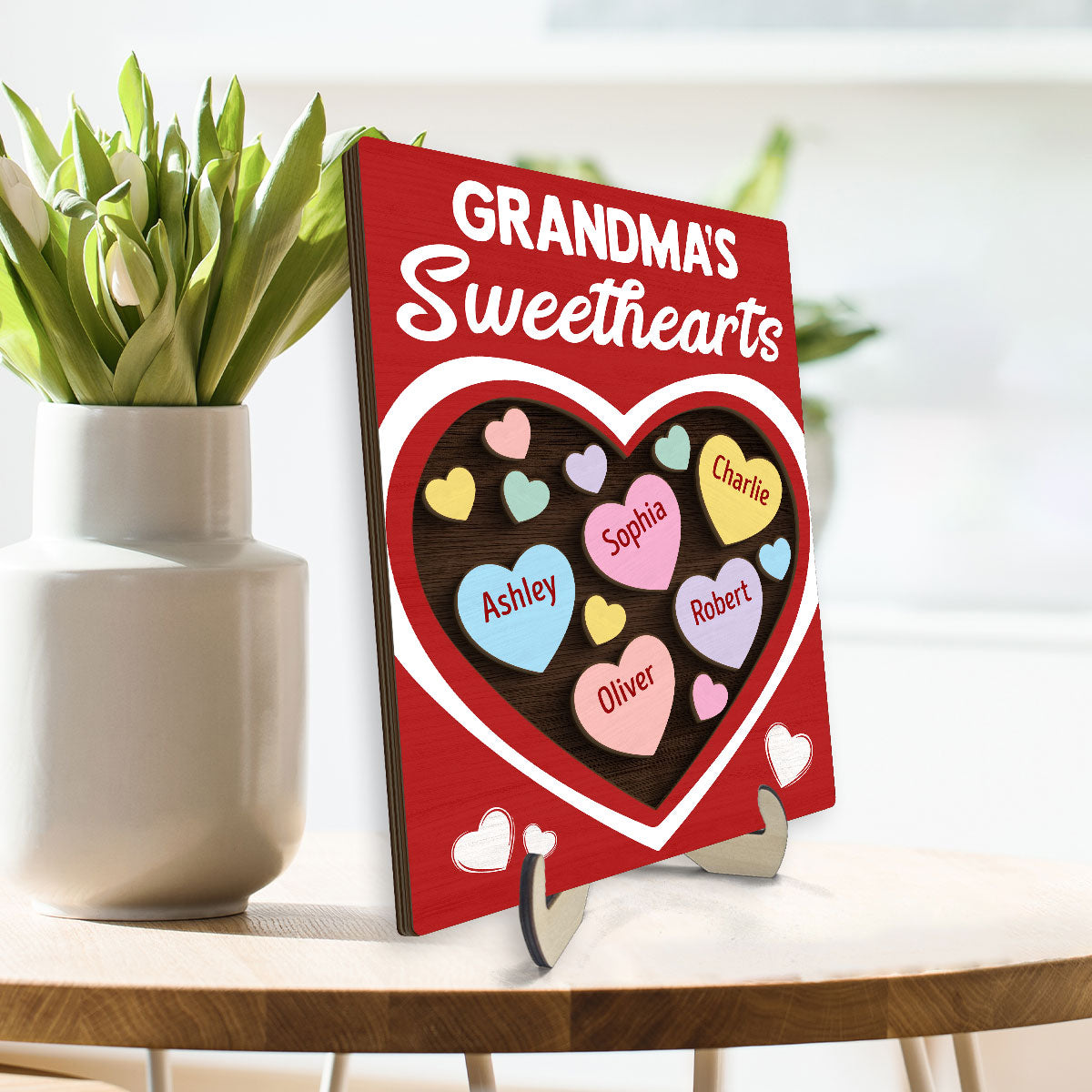 Grandma‘s Sweethearts Red Themed Valentine’s Day Gift For Grandma Personalized 2-Layer Wooden Plaque