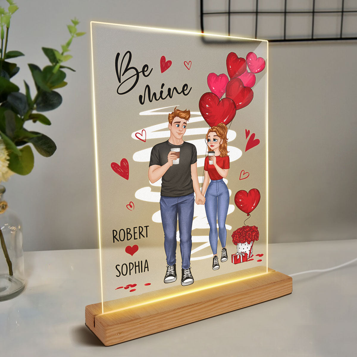 Be Mine Cartoon Couple Hand In Hand Balloon Personalized Rectangle Acrylic Plaque With LED Night Light