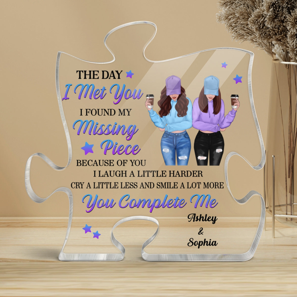 Front View Besties The Day I Met You Personalized Puzzle Acrylic Block Plaque