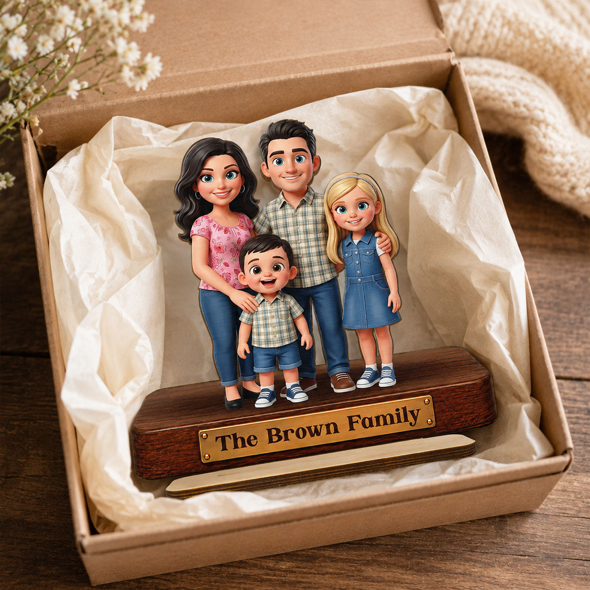 Cartoon Family Portrait From Photo 2D Flat - Personalized Wooden Plaque