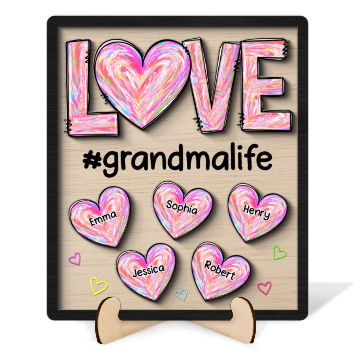 Grandma Mom Sweet Pink Hearts Personalized 2-layer Wooden Plaque