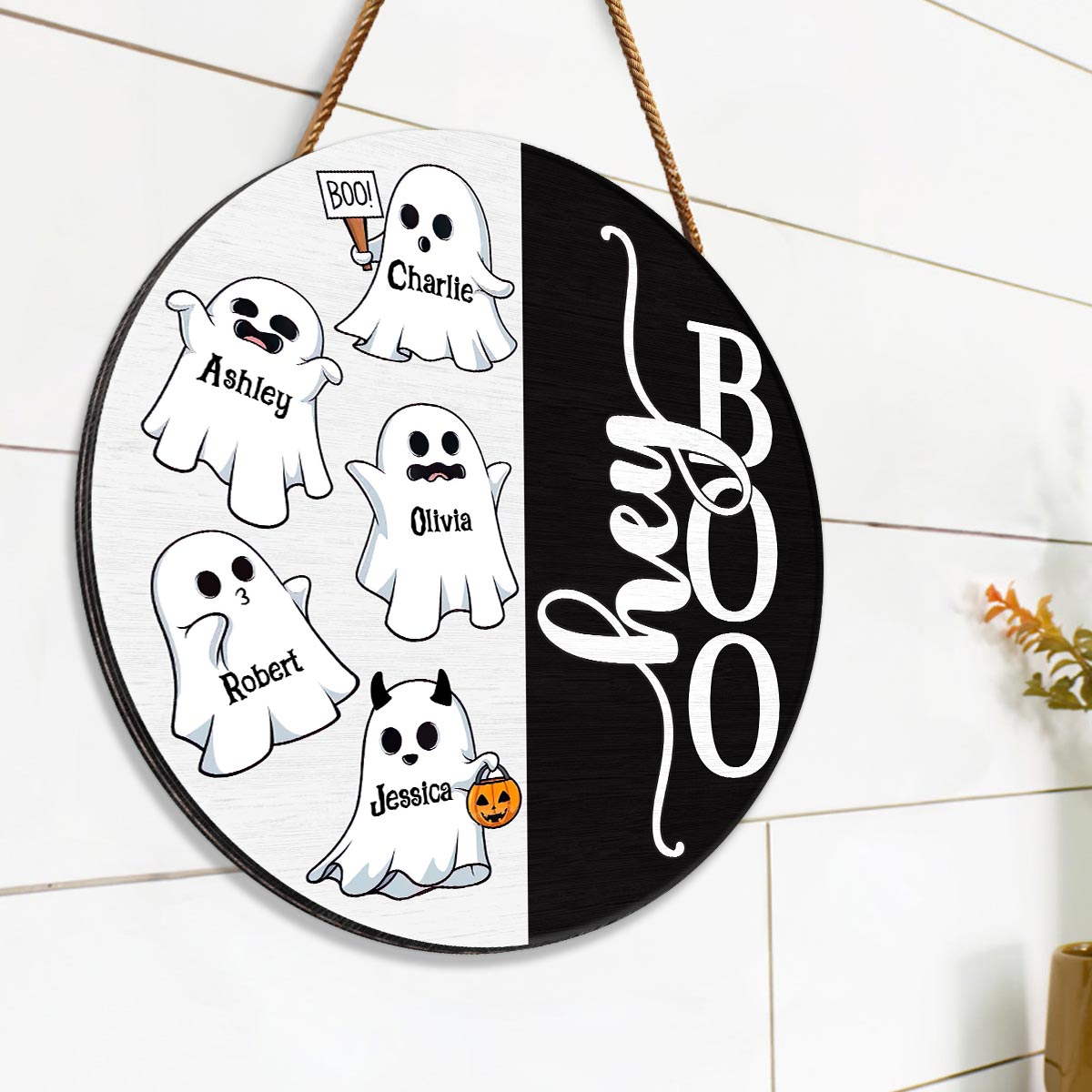 Hey Boo Halloween Family Personalized Wood Sign, Door Hanger, Halloween Decor