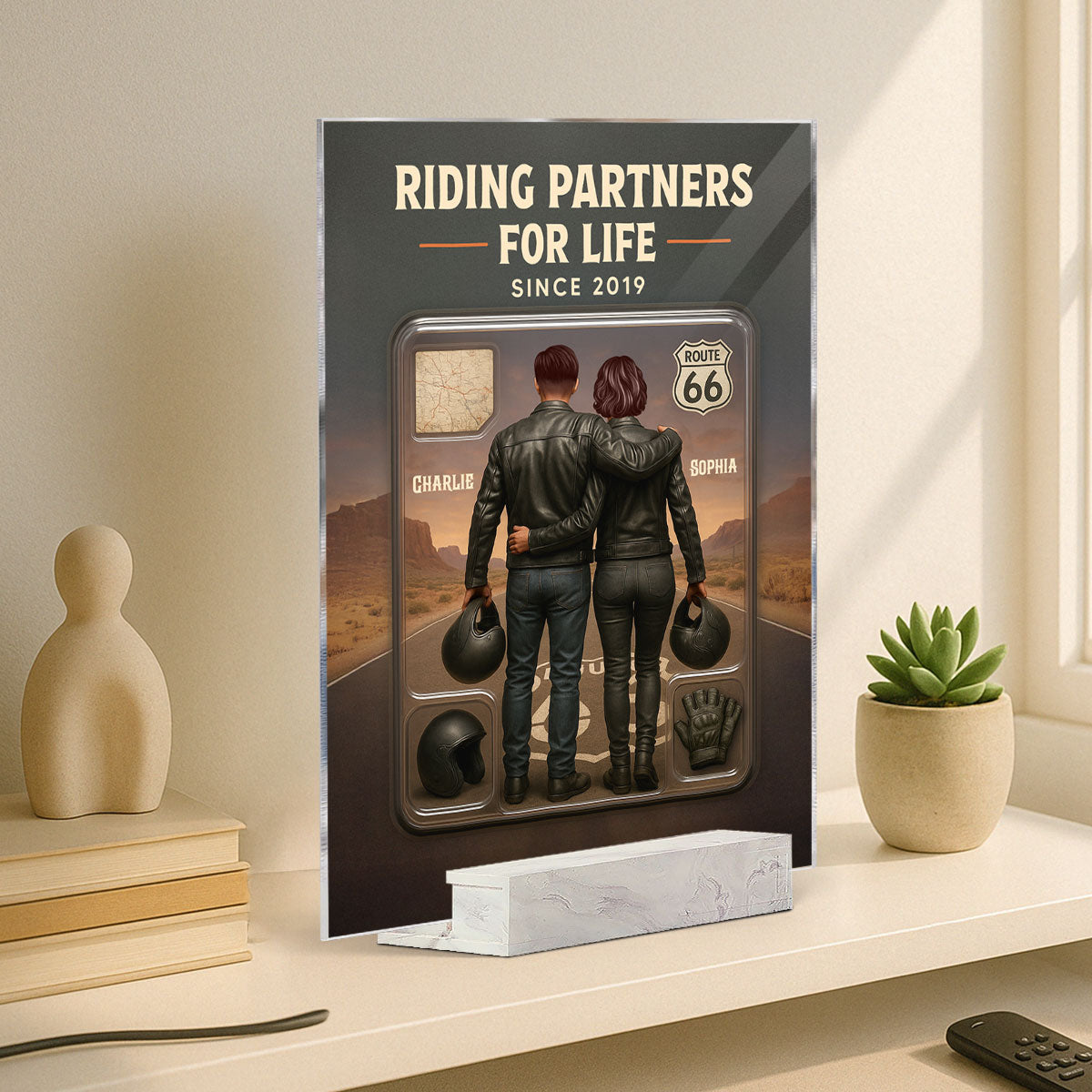 3D Effect Custom Figure Couple Bikers Riding Partners For Life Personalized Acrylic Plaque