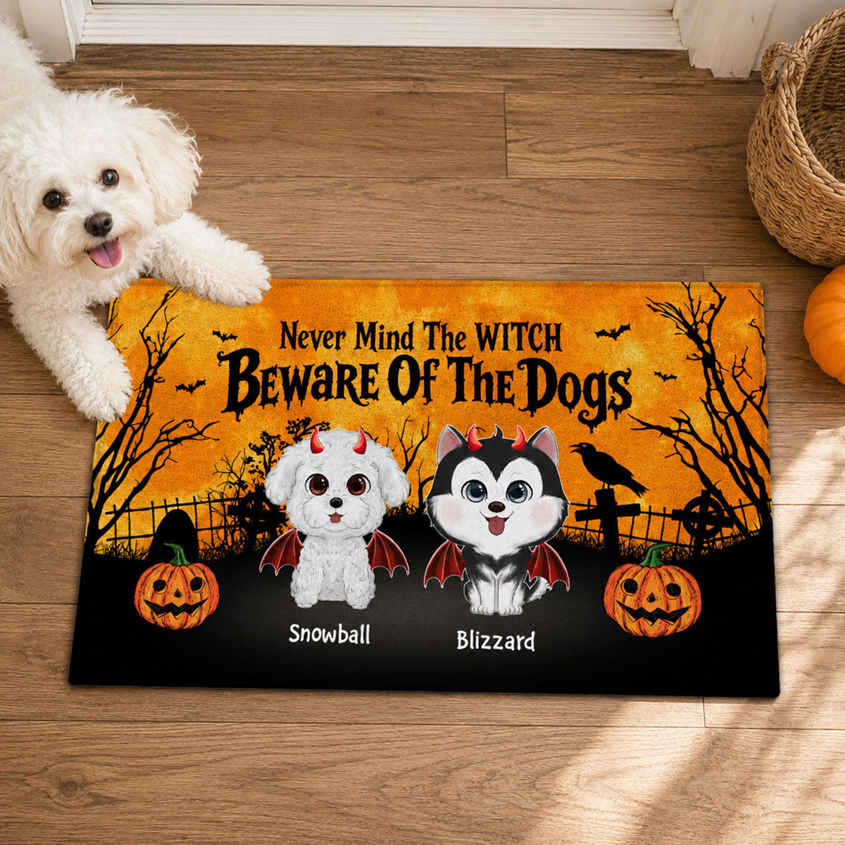 Halloween Theme Never Mind The Witch Beware Of The Dogs - Personalized Doormat - Halloween Decor For Dog Lovers