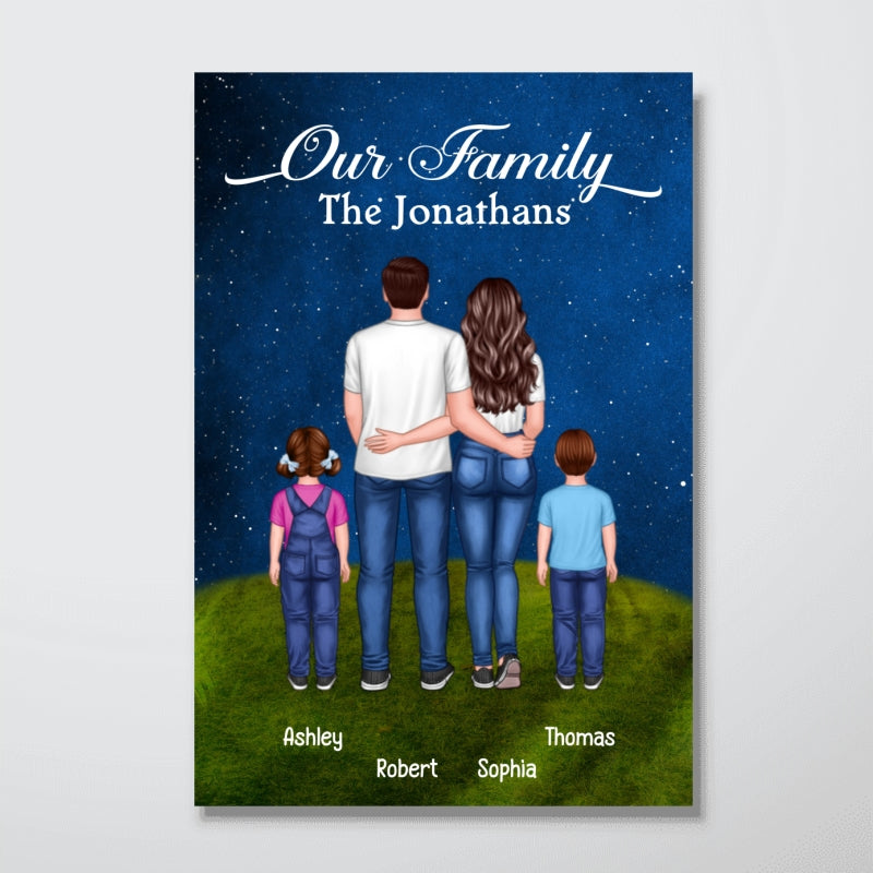 Family Couple Kid Dog Cat Standing Under Starry Night Personalized Vertical Poster