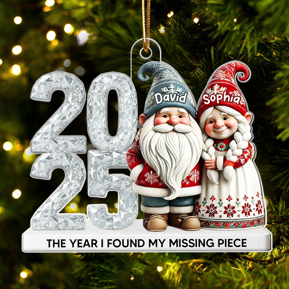 3D Shining Effect Gnome Couple - Personalized Acrylic Ornament - Unique Christmas Gift For Him, For Her, For Couple