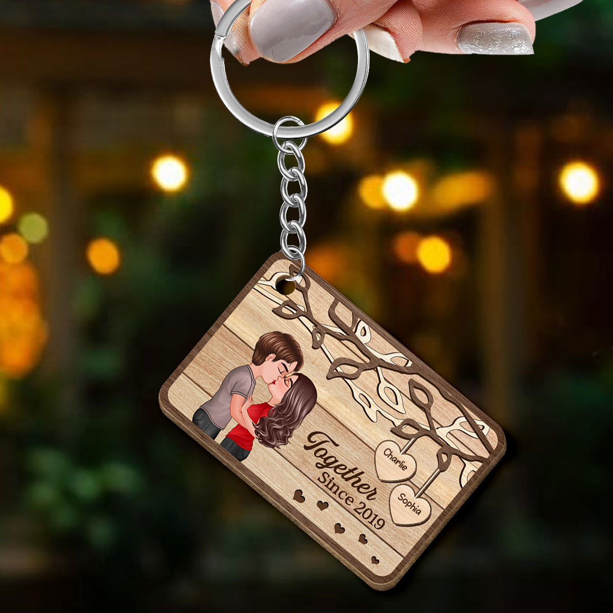 Couple Kissing Under Tree Personalized Wooden Keychain