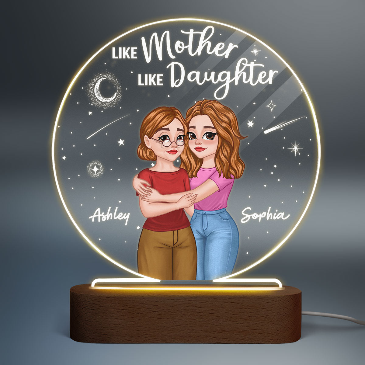 Mother Daughter Hugging Cartoon Under Starry Night Personalized Circle Acrylic Plaque With LED Night Light