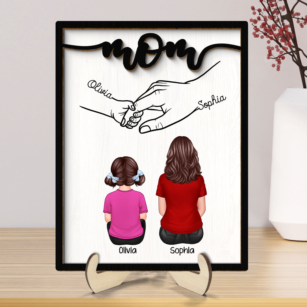 Mom And Kids Holding Hands Personalized 2-Layer Wooden Plaque