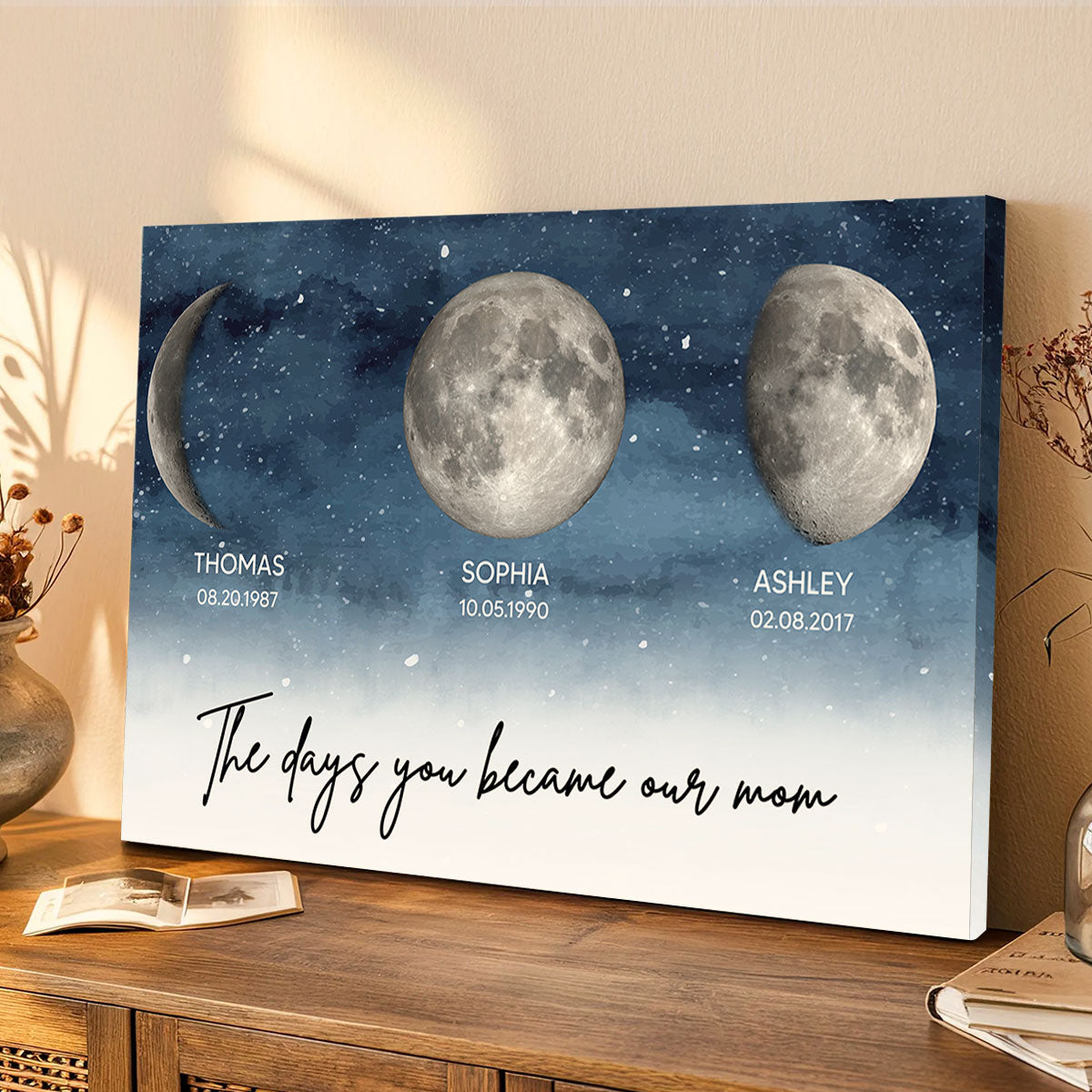 Starry Night Birth Moon Phase The Day You Became Our Mom Personalized Wrapped Canvas, Birthday Gift For Mom, Grandma, Gift or Just Because