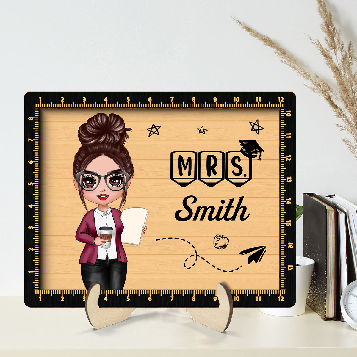 Teacher Sign Ruler Frame Personalized 2-layer Wooden Plaque