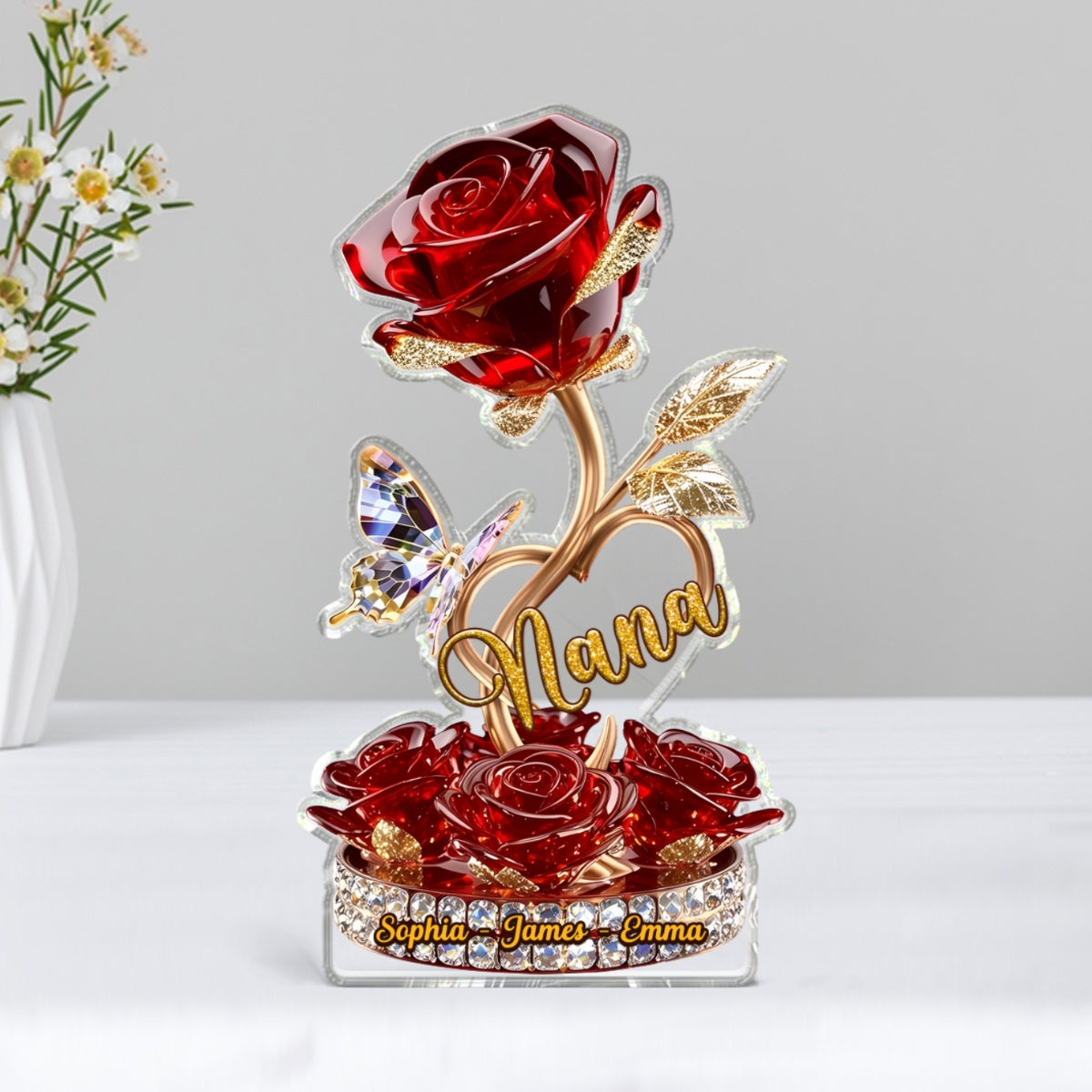 Beautiful Rose For Grandma Mom Realistic 3D Effect Personalized Flat Acrylic Block Plaque