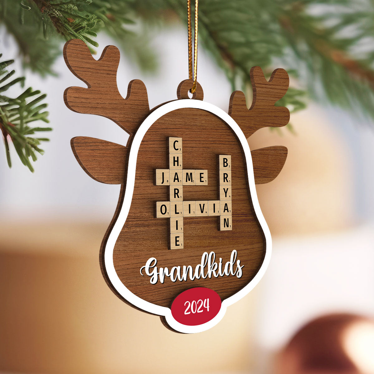 Grandkids Names Reindeer Crossword Puzzle Art Personalized 2-Layer Wooden Ornament, Christmas Gift For Grandma
