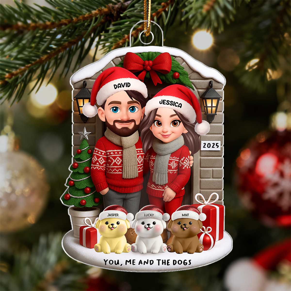Joyful Couple And Dogs Cats Christmas - Personalized Acrylic Ornament
