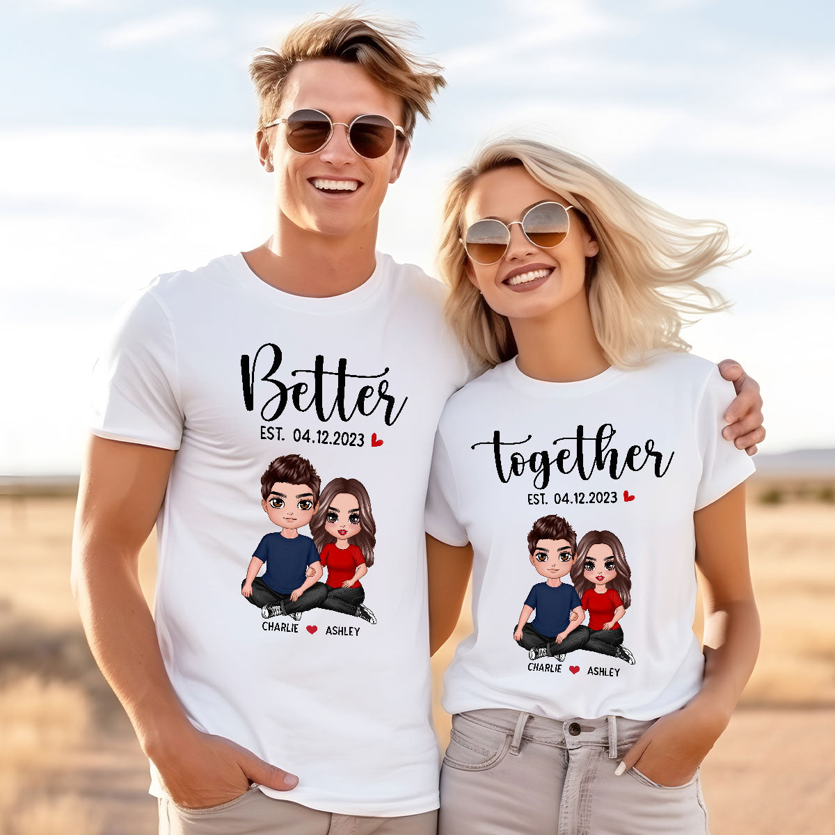 Better Together Doll Couple Embracing Sitting Valentine‘s Day Gift For Couple Personalized Matching Shirts [Set Of 2 Shirts]