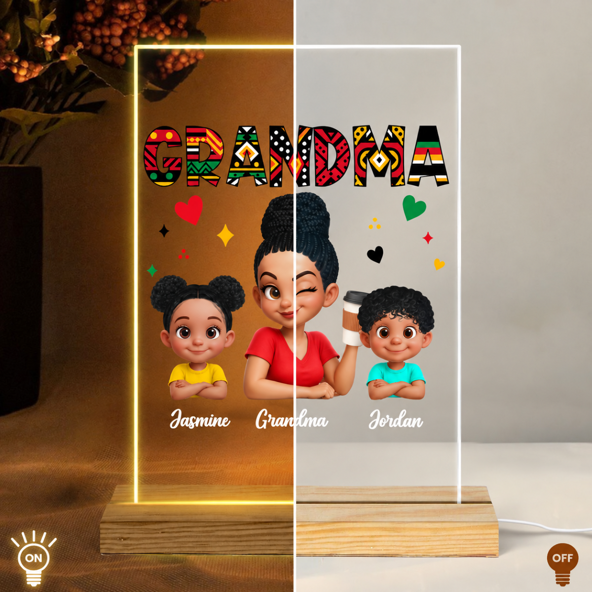 Tribal Pattern Grandma Grandkids Love - Personalized Acrylic Plaque LED Night Light - Gift For Grandma