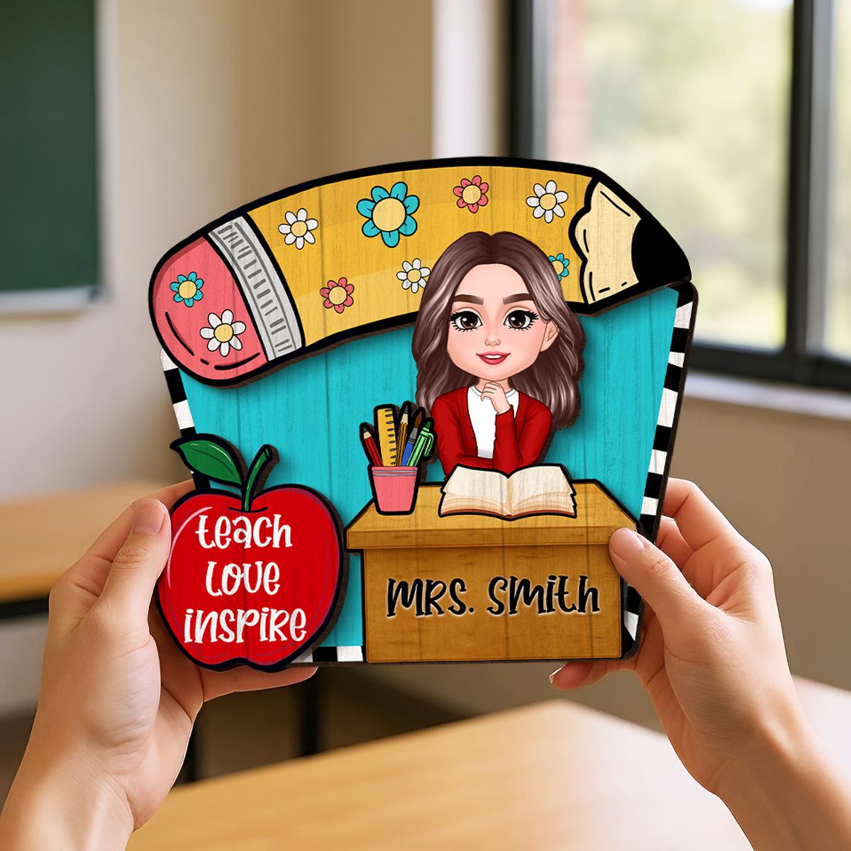 Doll Teacher Sitting At Table Personalized 2-Layer Wooden Plaque, Back to school gift