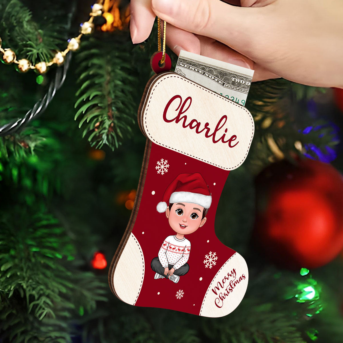 Christmas Stocking Cute Doll Kid Teenage Personalized Money Gift Card Holder Ornament, Unique Christmas Gift For Daughter, Son, Granddaughter, Grandson
