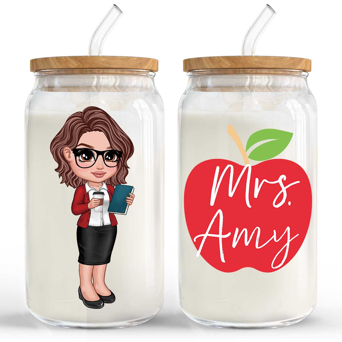 Y2K Style Teacher Apple Personalized Clear Glass Can, Gift For Teacher, Appreciation Gift