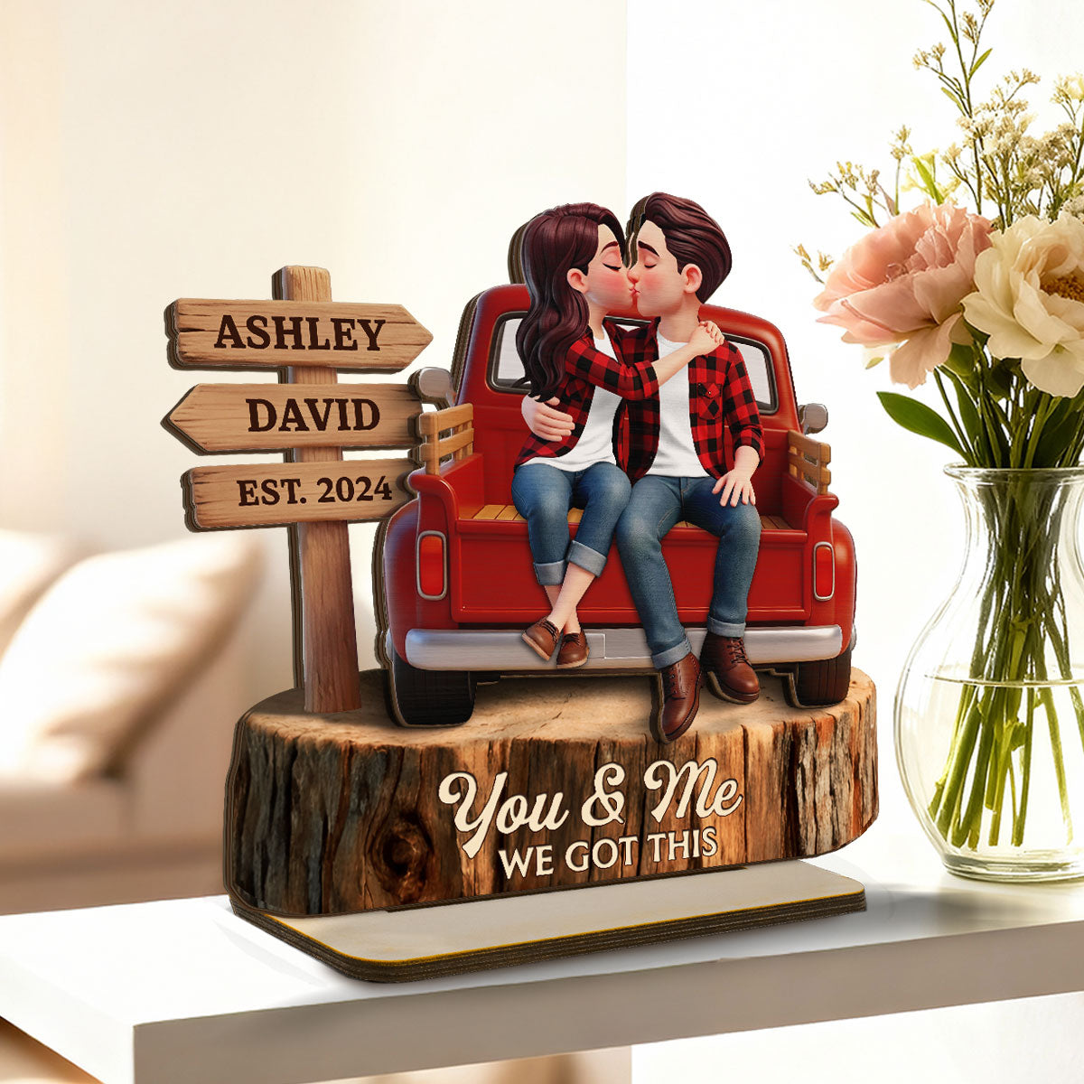 Everlasting Love Couple Sitting Kissing Pickup Truck Sign Posts - Personalized 2-Layered Wooden Plaque - Valentine's Day Gift For Couple, Farmhouse Decor