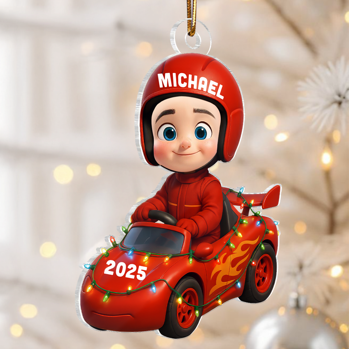 3D Effect Little Kid Racing Car Christmas Personalized Acrylic Ornament