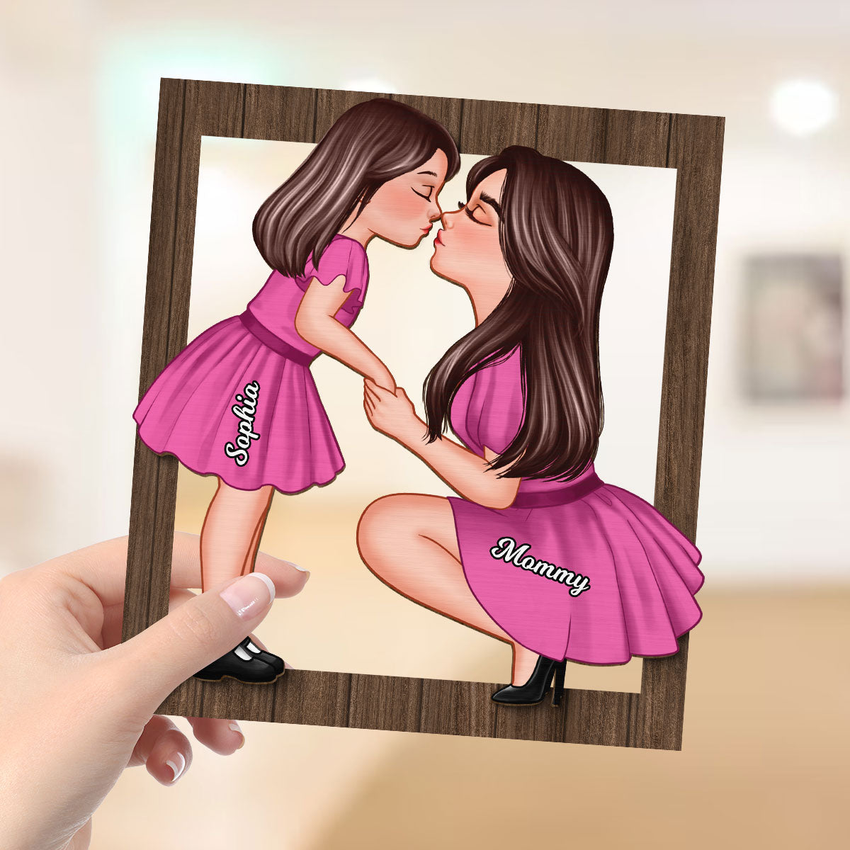 Mom And Kid Holding Hands Kissing Frame Personalized 2-layer Wooden Plaque