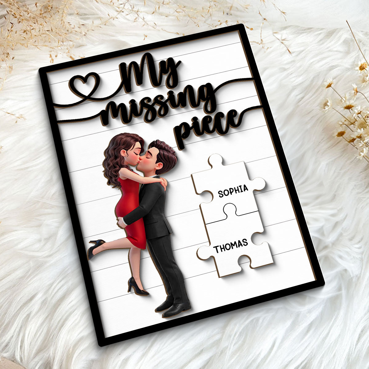 Couple Hugging Kissing Eternal Love You Are My Missing Piece - Personalized 2-Layered Wooden Plaque - Heartfelt Valentine's Day Gift, Anniversary Gift For Couple