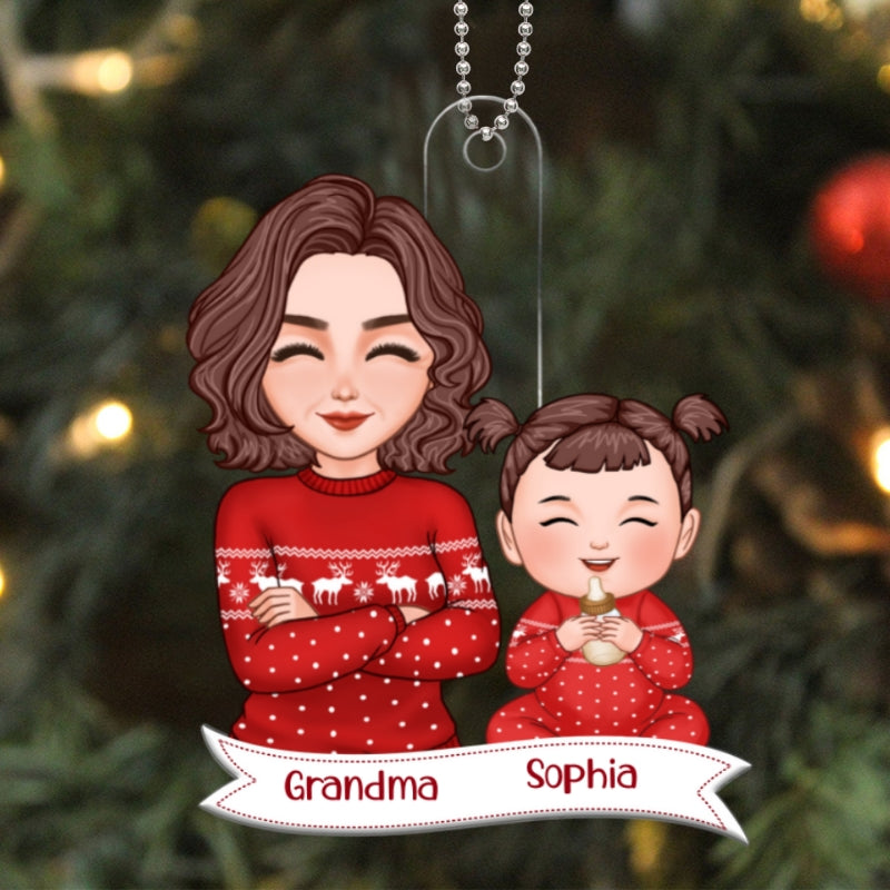 Pretty Grandma Grandkid Smiling Baby's First Christmas Acrylic Ornament - Personalized Gift For Grandma