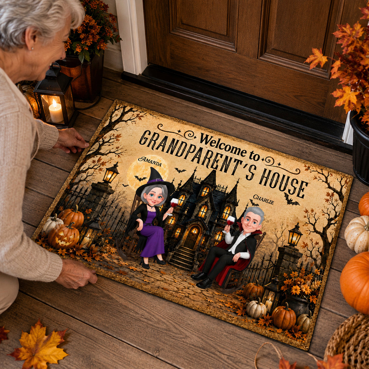 Halloween Grandparent Haunted House - Personalized Doormat - Halloween Decor Gift, Gift For Grandma Grandpa