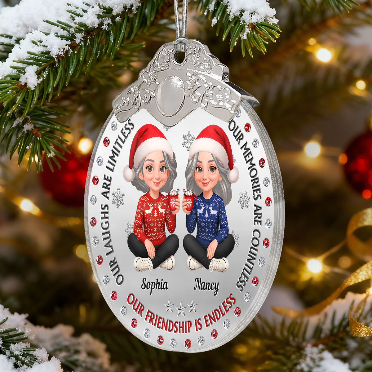 Christmas Besties Our Friendship Is Endless Metal Effect Texture - Personalized Glass Ornament With Silver Cap