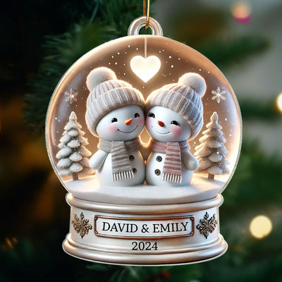 Snow Globe Snowman Couple White Christmas Acrylic Ornament, Personalized Couple 3D Effect Ornament, Christmas Gift For Married Engaged Couples, For Couples