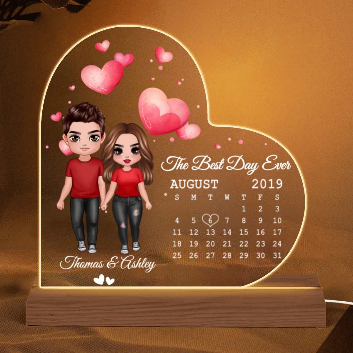 Doll Couple Standing Anniversary Date Calendar Personalized Heart Shaped Acrylic Plaque With LED Night Light - Anniversary Gift For Couple - Gift For Him, Gift For Her