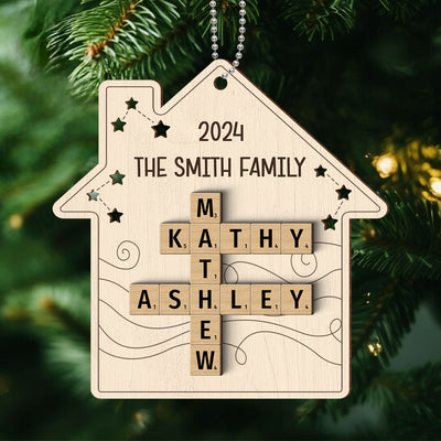 Family House Crossword Puzzle Art, Personalized 2-Layered Wooden Ornament
