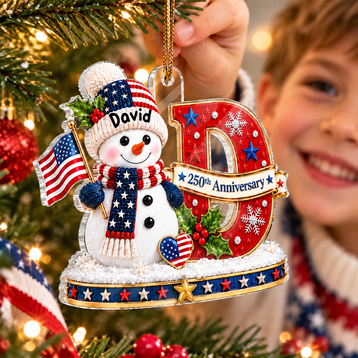 Patriotic Snowman Initial Custom Name 2D Flat - Personalized Acrylic Ornament - USA 250th Anniversary Keepsake