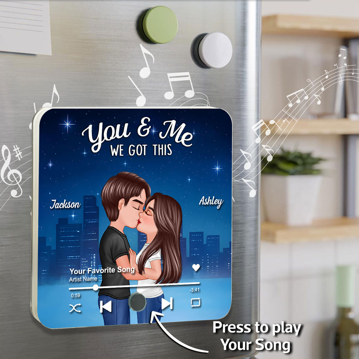 Couple Kissing Neon City Night Skyline Personalized Music Magnet, Anniversary gift for him, for her