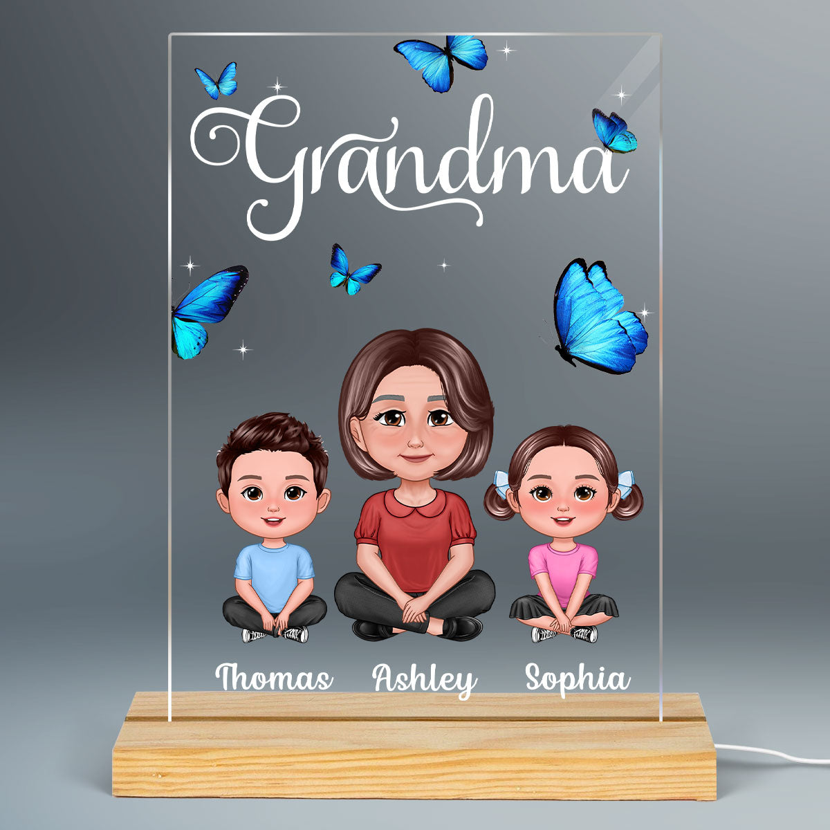 Pretty Doll Grandma Grandkids Blue Butterflies Personalized Rectangle Acrylic LED Night Light