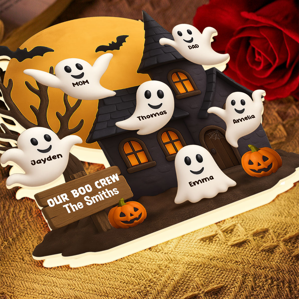 Halloween Boo Family Haunted House Personalized Light Box, Halloween Home Tabletop, Tiered Tray, Shelf Sitter Decoration