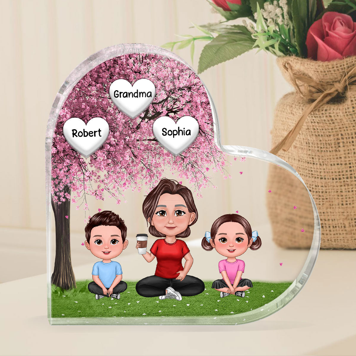 Pretty Doll Grandma Grandkids Under Blossom Tree Personalized Acrylic Heart Plaque
