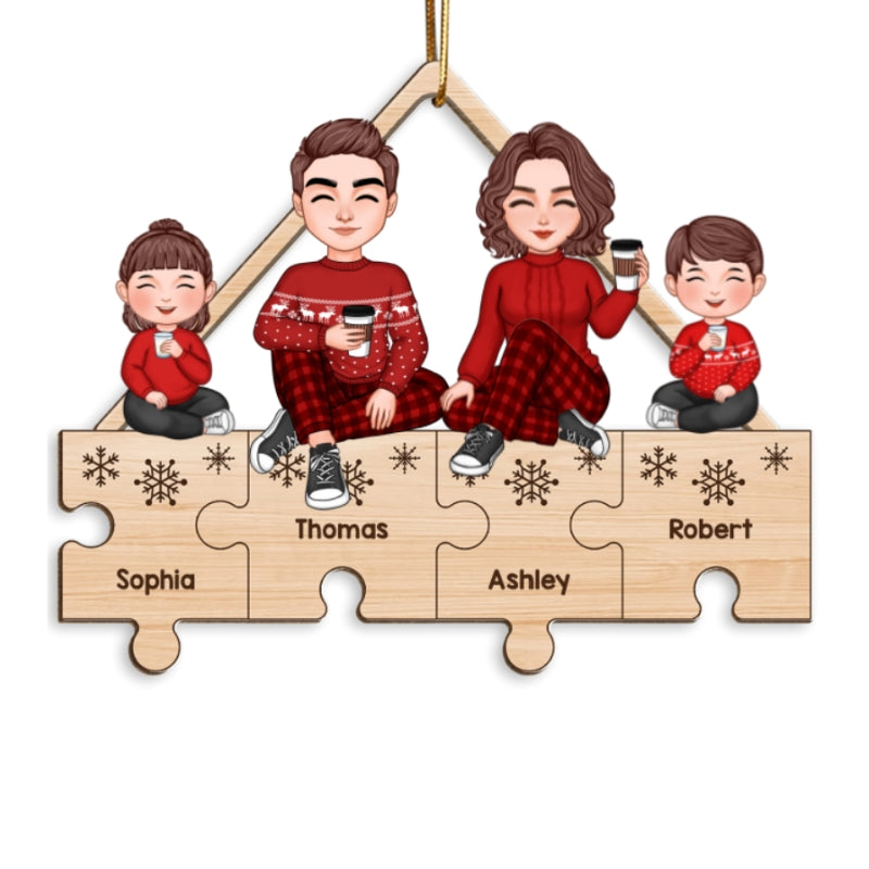 Cute Family Sitting On Puzzle Pieces Christmas Gifts Personalized Wooden Ornament