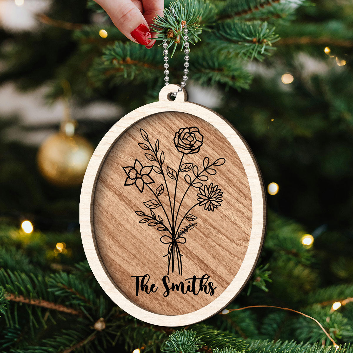 Family Sisters Besties Birth Month Flowers Bouquet Personalized 2-Layer Wooden Ornament, Christmas Gift