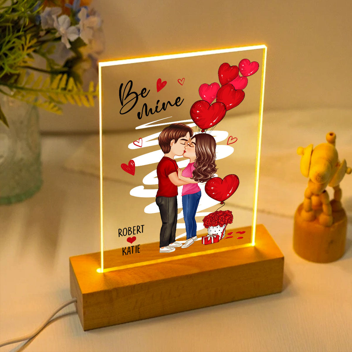 Be Mine Doll Couple Standing Kissing Personalized Plaque LED Night Light -  Unique Valentine's Day Gift For Him, Gift For Her