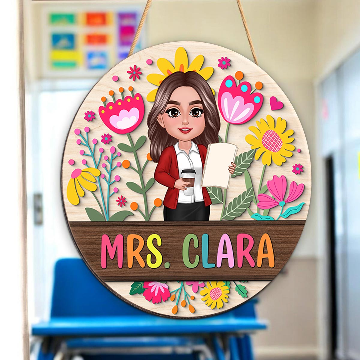 Teacher Flower Pattern Personalized Wood Sign| Back To School Gift For Teachers, Classroom Decoration
