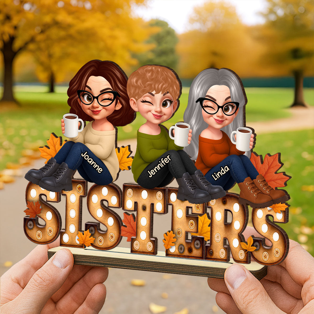 Fall Besties Sitting On Text Marquee Effect Personalized Standing Wooden Plaque, Meaningful Gift For Best Friends
