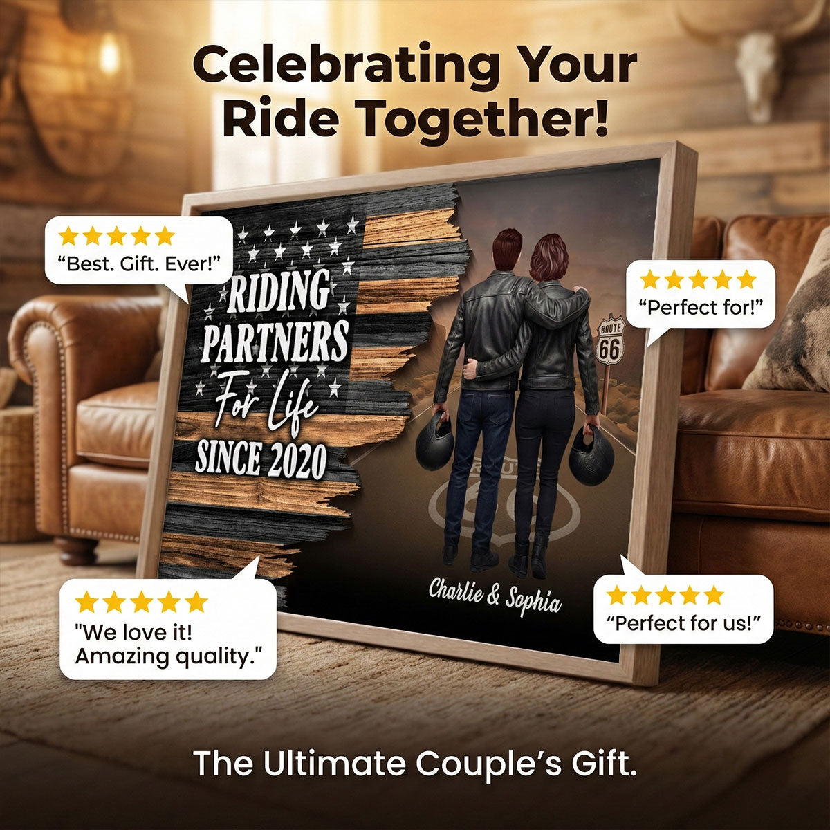 Eternal Love Back View Biker Couple Riding Partners For Life Half Nation Flag - Personalized Poster - Gift For Couple, Bikers, Gift For Him, For Her